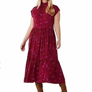 Free Assembly Burgundy Women’s Sleeveless Tie Back Tiered Floral Dress, Size XXL